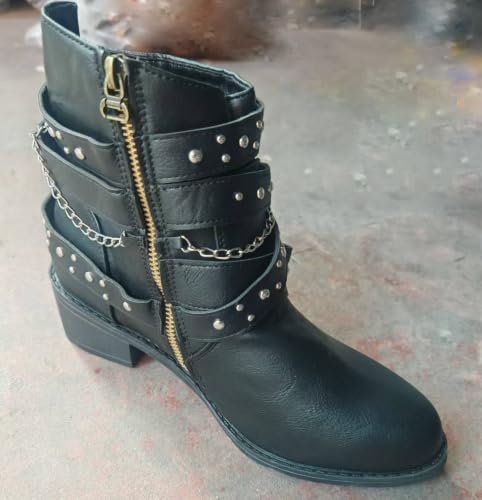 Image of DirraBra Women's Goth Leather Block Heel Ankle Boots Fashion Studded Ankle Strap Trim Punk Boots Winter Side Zipper Motorcycle Short Booties
