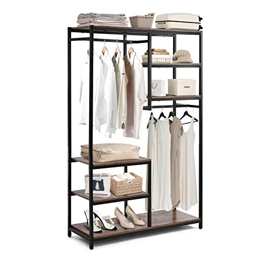 Wardrobe Closet with Storage Shelves, Clothes Rack Organizer Free-standing Clothing Rack for Hanging Clothes, Heavy Duty Metal and Wood Garment Rack Armoire with Hanging Rod and Shelf for Bedroom