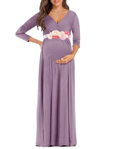 Image of KIM S Maternity Maxi Dress with Flower Sash(S-3XL)/Wrapped Ruched V Neck Photoshoot Baby Shower Dresses