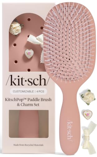KitschPop Paddle Hairbrush for Women Scalp-Stimulating Detangler Hair Brush for Wet & Dry Hair Flexible Bristles Paddle Brush for Less Breakage Customizable with KitschPop Charms - Terracotta