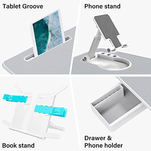 WOKA Laptop Desk for Bed, Height Adjustable Lap Desk with Drawer, Extra Large Foldable Laptop Bed Tray Table, Portable Leather Lapdesk with Stopper, Phone/Book Stand, Wrist Rest, for Home Working Grey