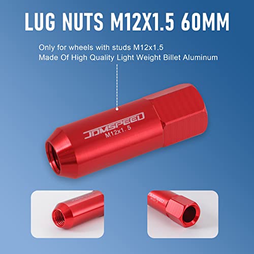 JDMSPEED Red 60MM Aluminum Extended Tuner Lug Nuts Replacement for Wheel Rims M12X1.5 20PCS