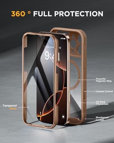 Image of Miracase Magnetic for iPhone 16 Pro Case Full-Body Phone with Built-in Glass Screen Protector, [Compatible with MagSafe] Military Drop Proof 16 Pro Cover Bumper 6.3 inch, Gold Brown