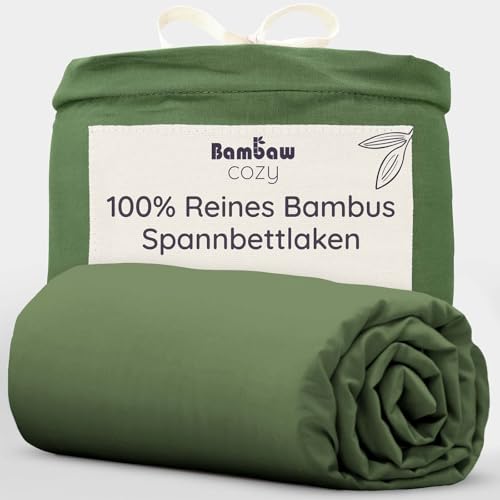 Bambaw Bambus Spannbettlaken 140x200 cm, 35 cm Steghöhe, Anti Allergie Bettwäsche, Bettlaken Sommer, kühlende und atmungsaktive Bettwäsche, 100% Bambus Bettlaken 140x200 cm (Olivgrün)