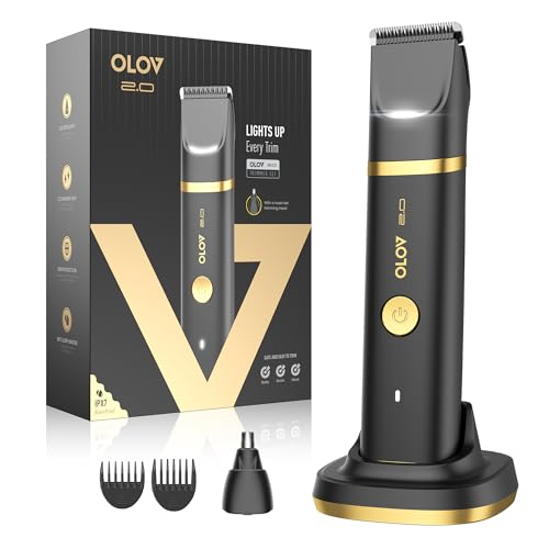 Groin & Body Hair Trimmer for Men - Electric Shaver for Pubic Hair, Chest, Legs - Ball Pubic Groomer, LED Light, Replaceable Ceramic Blade Heads, USB-C Recharge Dock, Waterproof Hygiene Razor by OLOV 2.0 - Used condition - US$36.68