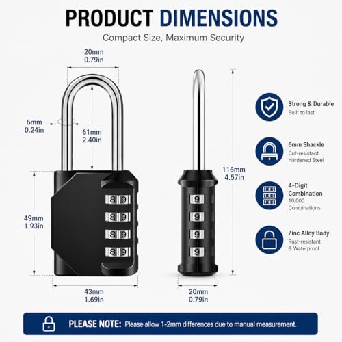 Image of 4 Digit Long Shackle Combination Padlock, Heavy Duty Resettable Lock, Waterproof Zinc Alloy Body, Hardened Steel Shackle, Secure for Gates, Lockers, Storage Units, Sheds, Toolboxes & Luggage
