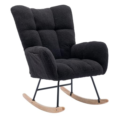 TURRIDU Modern Glider Rocking Chair Nursery, Teddy Fabric Upholstered Rocker Chair with Solid Wood Base, Comfy Wingback Accent Armchair for Nursing, Living Room, Reading Room, Bedroom, Black