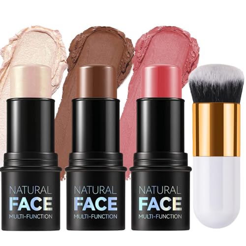 3 Pack Contour Highlighter Blush Sticks with Brush,Cream Bronzer Contour Stick Kit for Cheeks Eyes Lips,Contour Bronzer Stick,Cream Contour Palette,Long Lasting Smooth Formula for All Skin Types