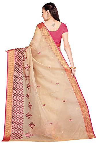 Image of RANI SAAHIBA Women's Poly Cotton Embroidered Saree With Blouse Piece (SKR7004 Beige-Magenta)