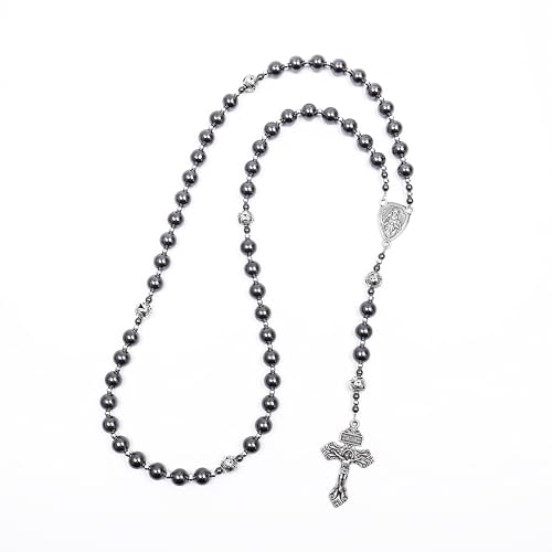 Image of Nazareth Store Hematite Rosary Black Stone Beads Necklace Metal Beaded Silver-Plated Medal & Cross for Men NS