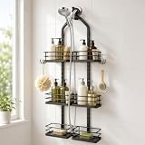 YTYLSJ 3-Tier Hanging Shower Caddy for Handheld Showerhead, Heavy-Duty Stainless Steel with Dual-Rotating Clamp, Matte Black