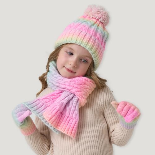 Kunyeah Toddler Beanie Hat Scarf Gloves Set Kids Knitted Mitten Fleece Lined Cap Neck Warmer for Boy Girl 3-10 Years2