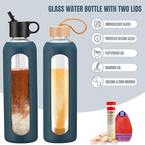 32oz-Glass-Water-Bottle-With-2-Lids-Flip-Straw-Lid-Bamboo-Lid-Glass-Water-Bottle-With-Silicone-Sleeve-Motivational-Time-Marker-Glass-Juice-Bottle-for-Cold-Drink1-Pack-Navy-Blue