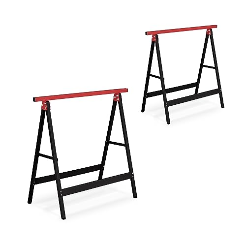 Relaxdays Caballetes de Trabajo 74 x 78 x 40 cm Set de 2, Plegables, 100 kg, Borriquetas de Taller, Pintor, Negro y Rojo, Acero