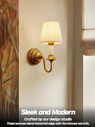 Image of Vintage Fabric Wall Sconce Light with Curved Arm, Rustic Linen Cloth Wall Light Fixtures, Hardwired Brass Wall Mounted Lamp for Bathroom Vanity Bedroom Living Room