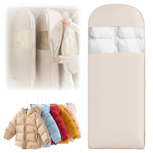 Zinueen Sacchetti sottovuoto per vestiti e copriletti, risparmio di spazio vuoto per giacche e cappotti, sacco appendiabiti con autocompressione, organizer antipolvere (90/110/130 cm, colore avena