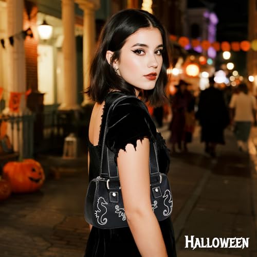 Y2K Small Shoulder Purses for Women Goth Punk Bag with Seahorse Embroidery3