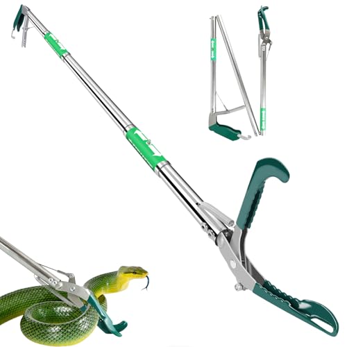 Image of 50 Inch Collapsible Snake Tongs, Heavy Duty Rust Proof Stainless Steel Snake Grabber Tool with Non-Slip Rubber Coated Jaw & Handle, 3-Section Folding Reptile Catcher for Catching & Wildlife Handling
