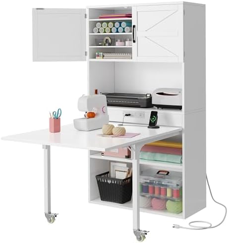 DWVO Sewing Craft Table with Storage, Craft Armoire with Fold-Out Table and USB Power Outlets, Large Capacity Sewing Cabinet with Expandable Desk, Adjustable Shelves for Home or Studio