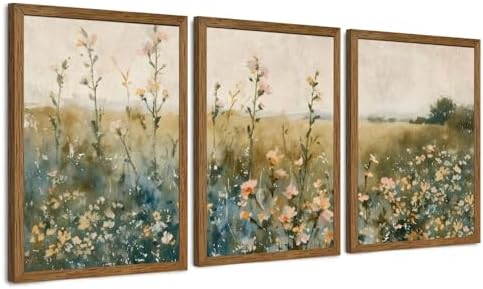 Amazon.com: AVECCO 3 Pieces Framed Vintage Wildflower Canvas Wall Art ...
