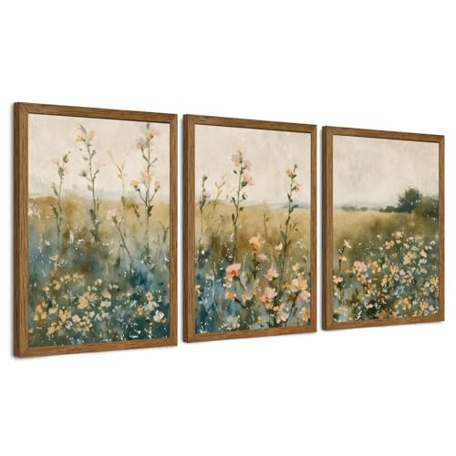 AVECCO 3 Pieces Framed Vintage Wildflower Canvas Wall Art, Nature