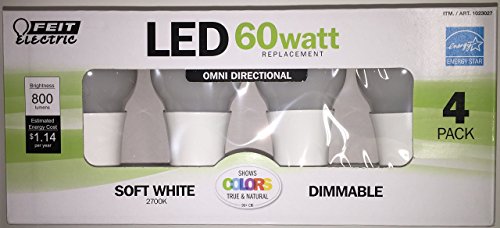 Feit Electric LED 60 Watt (Uses Only 9.5 Watts) Replacement OMNI Directional Soft White Dimmable Bulbs; 4 Pack; CEOM60/927/4