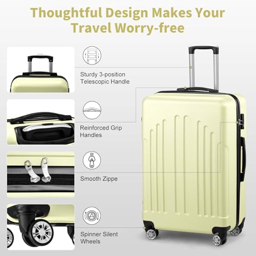 Luggage Sets 3 Piece, Hard Shell Travel Suitcase with TSA Lock, 360° Spinner Wheels and Adjustable Handle, Curved Vertical Stripe, Carry on Luggage Perfect for Extended Vacations (Cream Yellow)3