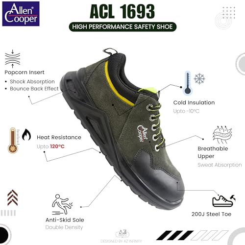 Image of Allen Cooper Safety Shoe ACL 1693 | Triple Density PU Sole with Popcorn Technology, Suede Leather Upper, 200J Steel Toe Cap, Sporty Sneaker | Size 08 UK /INDIA