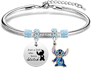 Funny Bracelet Gift For Girls,Silver Pendant Adjustable Jewellery"Just A Girls Who Loves Stitch"Cartoon Reminder Gift For Daughter Sisters Friends Colleague Birthday Christmas