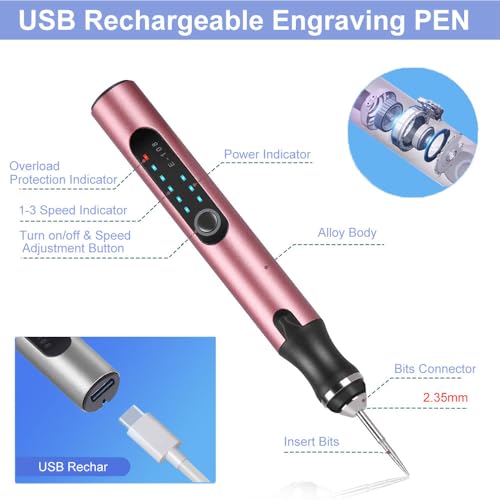 Customized USB Rechargeable Engraving Pen with 37 Bits,Cordless Portable Tool for Metal Wood Glass and Plastic Electric Engraving Pen Kit Engraving Tool for Beginner (Rose Gold)