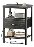 Skyapex Mesita de Noche, Buró para Recamara, Vintage con Estación de Carga, 3 Niveles de Almacenamiento, 1 Cajones,...