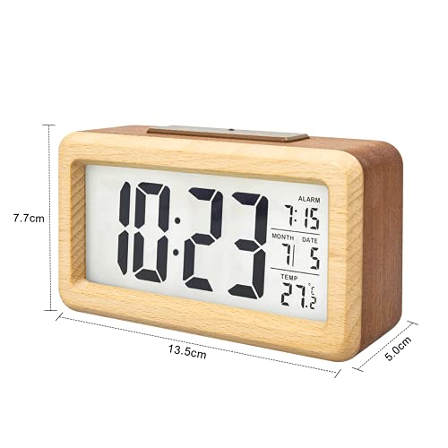 Everwood Alarm Clock Battery Operated, Wooden Lcd Digital Clock With Smart Sensor Night Light, Temperature Detect, Snooze Function, Clock For Bedroom, Bedside, Desk #TOP1