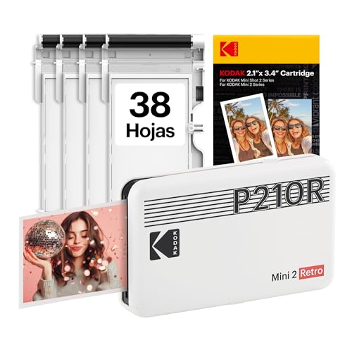 KODAK Mini 2 Retro Navidad Regalos 4Pass, Impresora Fotográfica + 38 Fotos, Fotos Instantáneas Tamaño 54X86mm, Conexión Inalámbrica Bluetooth - Blanco ✅