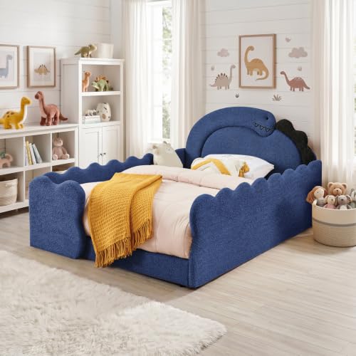 Image of Full Bed Frame for Kids, Floor Platform Bed Dinosaur, Blue
