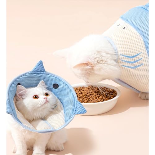 Image of MANON ROSA Cat Cone E-Collar: Soft After Surgery Elizabethan Collar Adjustable Cute Animal Design for Dogs Cats Puppies Kittens Rabbits Bunnies Prevents Licking (Shark,L)