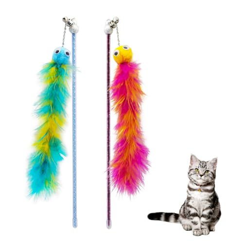 Andiker Cat Feather Toys, 2PCS Cat Wand Toys with Bell&Plush Balls, 12in Colourful Interactive Kitten Teaser Toy, Funny Interactive Cat Toys for Cat Indoor Playing Training Chasing (Red + Green)