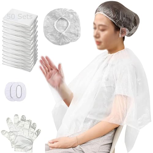 50 Pack Disposable Hair Dye Cape Waterproof Hair Color Cutting Cape Short Comb Out Beauty Salon Cape for Clients Hair Stylist Bleach Shampoo 39.3in with Caps Ear Covers Gloves