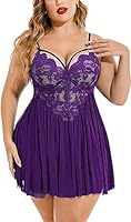 LUVREENA Plus Size Lingerie Lace Babydoll Womens Strap Chemise Nightgown V Neck Nighty Mesh Sleepwear Side Slit Nightdress with G-Sting Panty (X-Large, Purple)