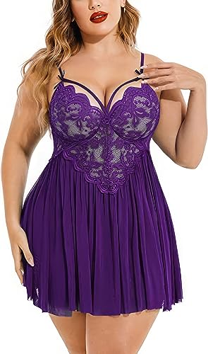 Image of Plus Size Lingerie Lace Babydoll Womens Strap Chemise Nightgown V Neck Nighty Mesh Sleepwear Side Slit Nightdress with G-Sting Panty