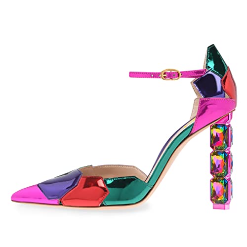 FSJ Women Shiny Crystal Heel Colorful Sandals Pointed Toe High Heel Ankle Strap Buckle Party Prom Dress Ladies Shoes Size 4-15 US3