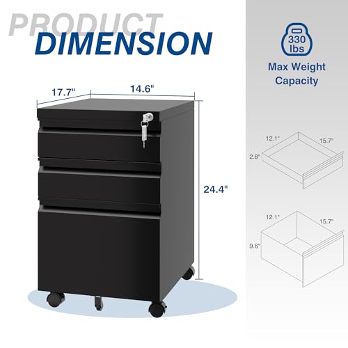 Fesbos 3 Drawer Vertical File Cabinet, Black Mobile Filling Cabinet with Lock for Legal/Letter Size, Pre-Built Office Storage File Cabinet with Wheels Under Desk - Fully Assembled