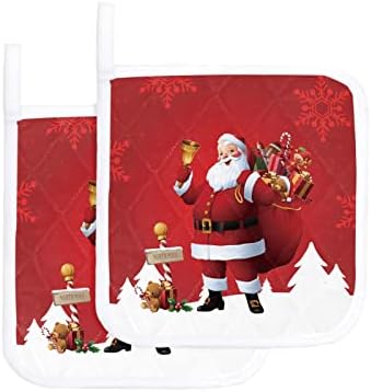 2 Pack Pot Holders for Kitchen Hot Pads with Hanging Loops Christmas Cartoon Santa Claus Present Gift Tree Snowflake Red Potholder for Cooking and Baking