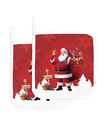 2 Pack Pot Holders For Kitchen Hot Pads With Hanging Loops Christmas Cartoon Santa Claus Present Gift Tree Snowflake Red Potholder For Cooking And Baking #TOP4