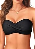 Bandeau Bikini Tops for Women - Strapless Swim Top Only Twist Front Bathing Suit Tops Black L