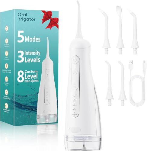 Jet Dentaire Hydropulseur Portable, Hydropulseurs et Irrigateurs 5 Modes 20 Niveaux & 3 Intensités, Réservoir 300ml à Fond Détachable, Irrigateur Sans Fil IPX7, Sans BPA, Silencieux