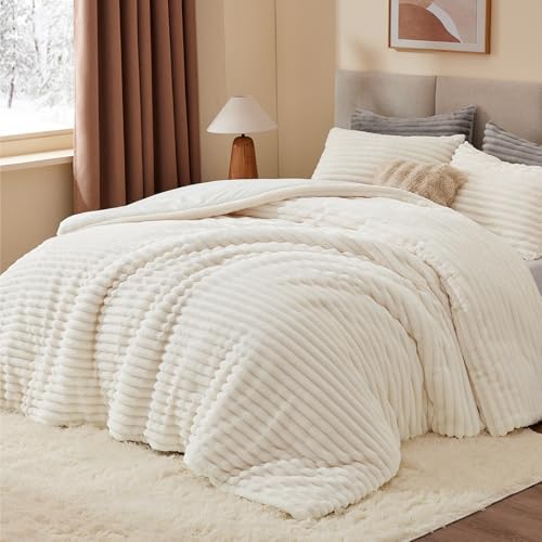 BEDELITE Fleece Queen Comforter Set -Super Soft & Warm Fluffy Cream White Bedding, Luxury Fuzzy Heavy Bed Set for Winter with 2 Pillow Cases - Thumbnail 4