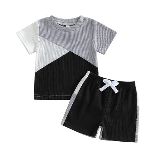 Vioyavo Toddler Kid Boys Summer Clothes Set Contrast Color Short Sleeve T-shirt Elastic Waist Shorts 2 Pieces Casual Outfit (Gray, 12-18 Months)