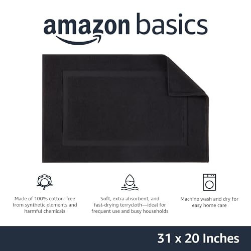 Image of Amazon Basics Banded 100% Cotton Machine Washable Bathroom Bath Rug Mat, 31 inch x 20 inch, Black (Pack of 2)