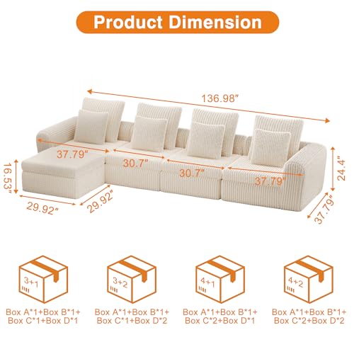 Image of Feonase Modular Sectional Sofa, Cloud Sectional Couch with Deep Seat, 134'Modern Modular L Shape Sofa Couch with Chaise, Upholstered Boneless Couches for Living Room Bedroom, Beige