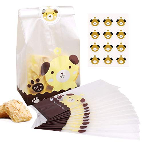 BBLIKE Candy Bags, Treat Cookie Bags 100PCS Lovely Party Favor Bags with 109Pcs Cute Dog Stickers, Clear Gift Bags Good for Bakery, Cookies, Candies,Chocolate